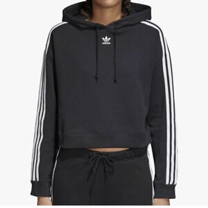 Adidas Originals Cropped Hoodie Sweatshirt in Black 3 Stripe Womens Size M